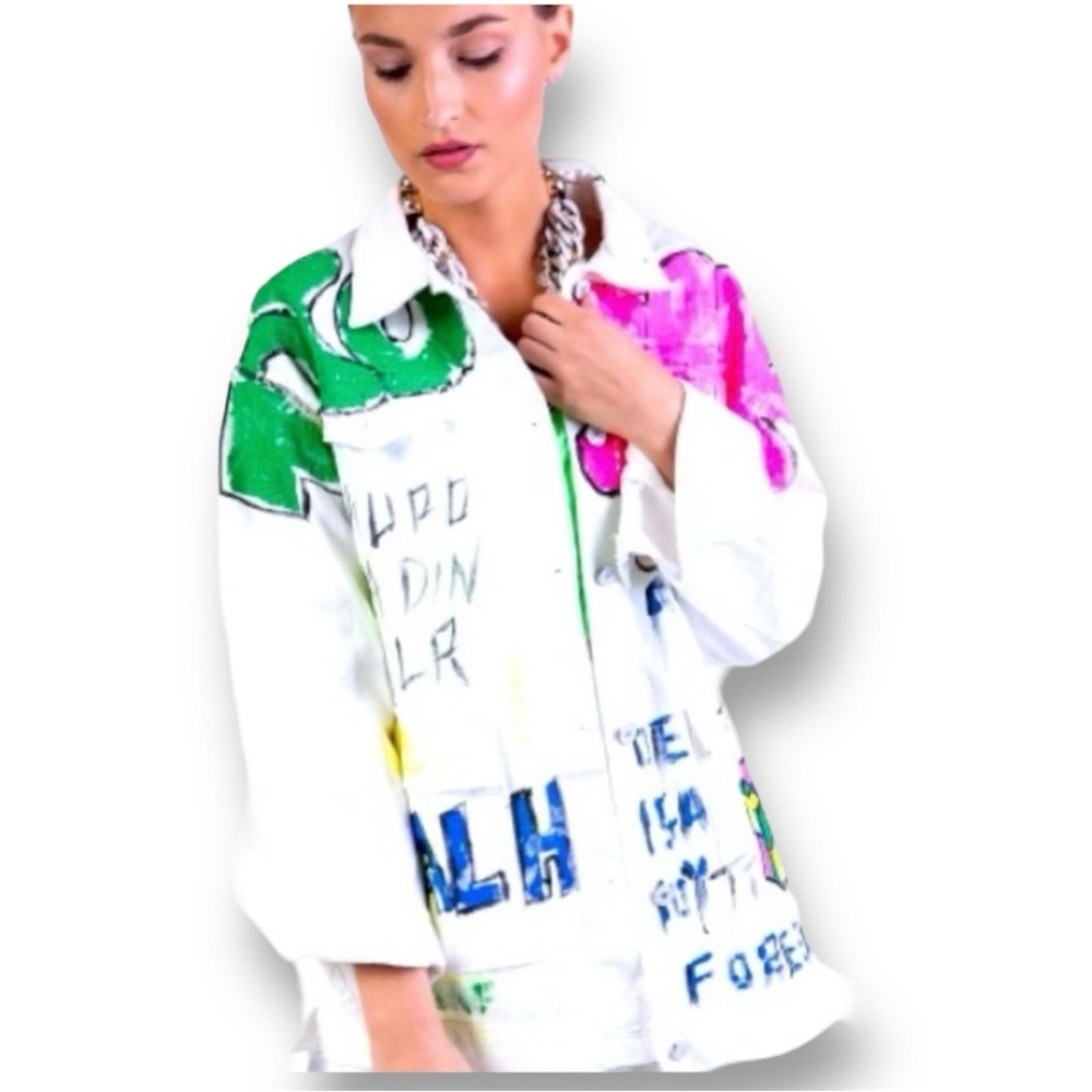 Aikha Handmade Graffiti Hand Painted Denim Jeans Jacket in White Size M/L